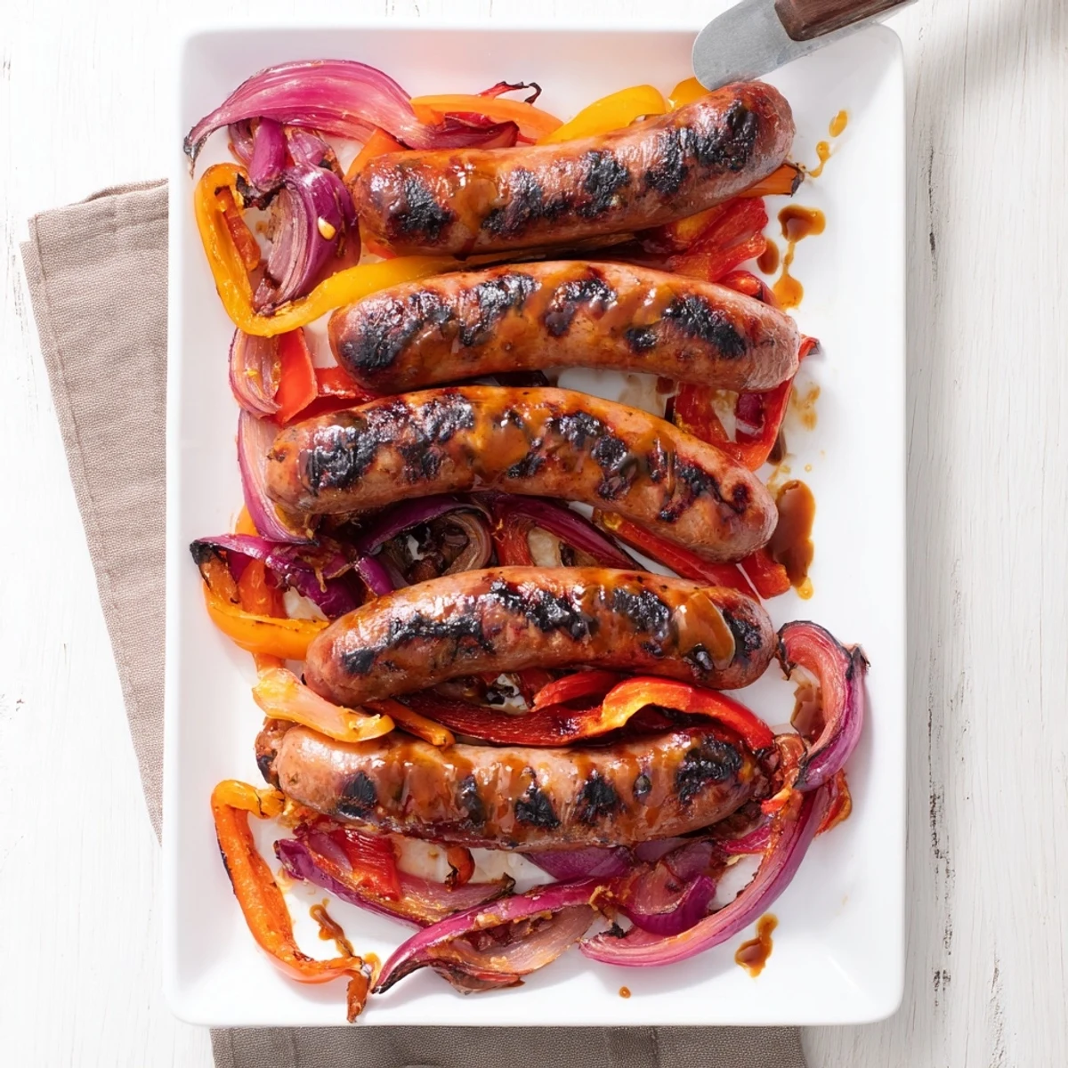 Grilled BBQ beef sausage with colorful peppers and caramelized onions drizzled with tangy mustard honey glaze