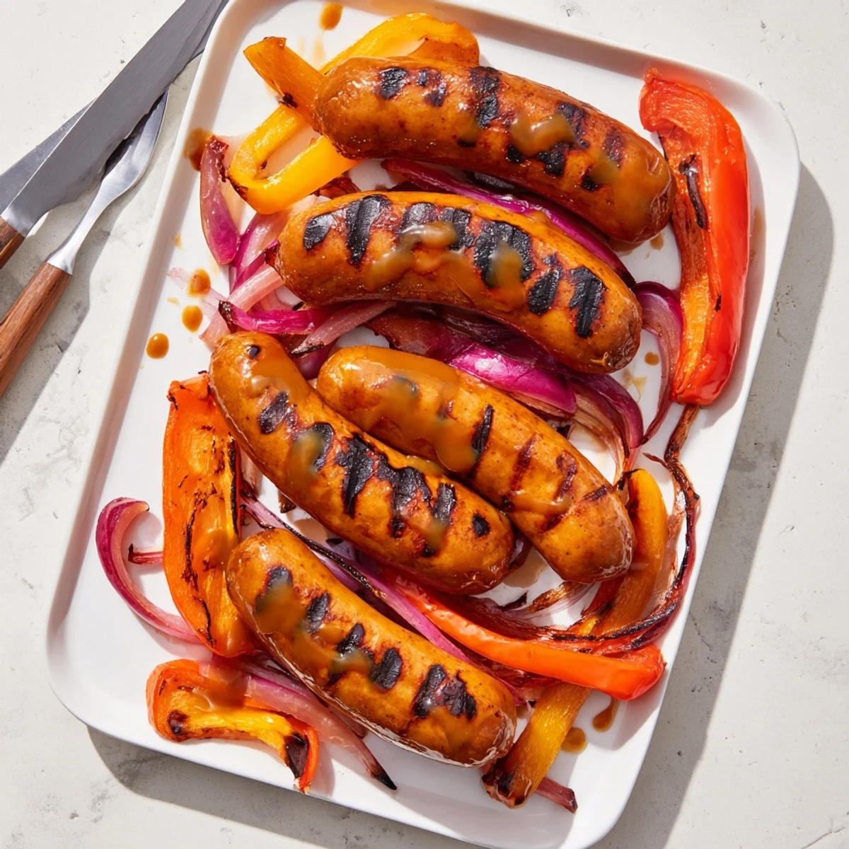Juicy grilled beef sausages served alongside charred bell peppers and sweet red onions brushed with savory mustard BBQ glaze