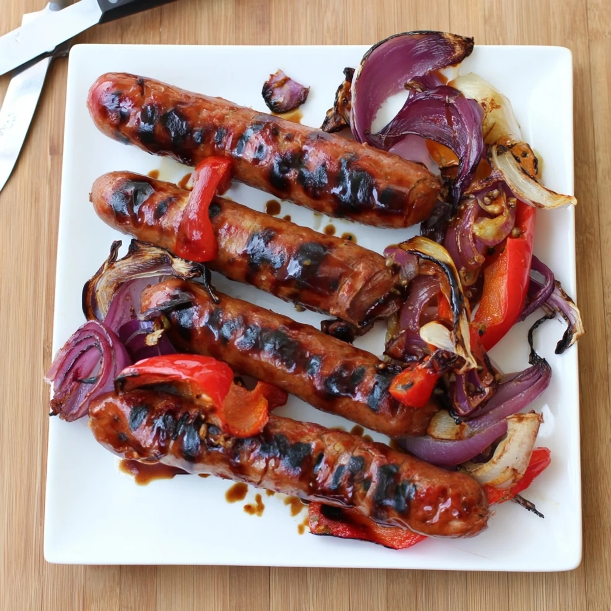 Golden grilled BBQ beef sausage arranged with tender grilled peppers and onions finished with a sweet and spicy mustard coating