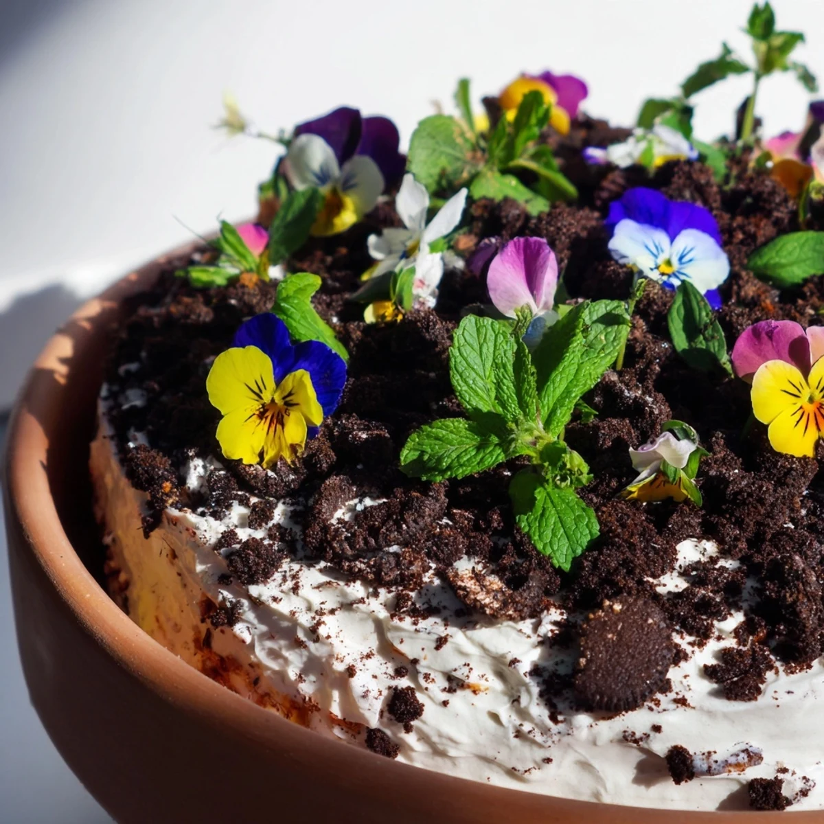 Whimsical edible potted floral garden dessert featuring chocolate cake layers and vibrant edible flowers