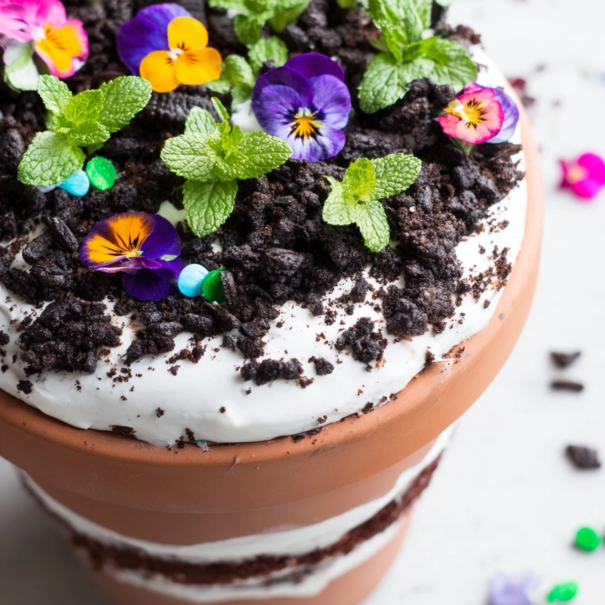 Chocolate edible potted floral garden dessert with creamy filling and colorful fresh flower garnish