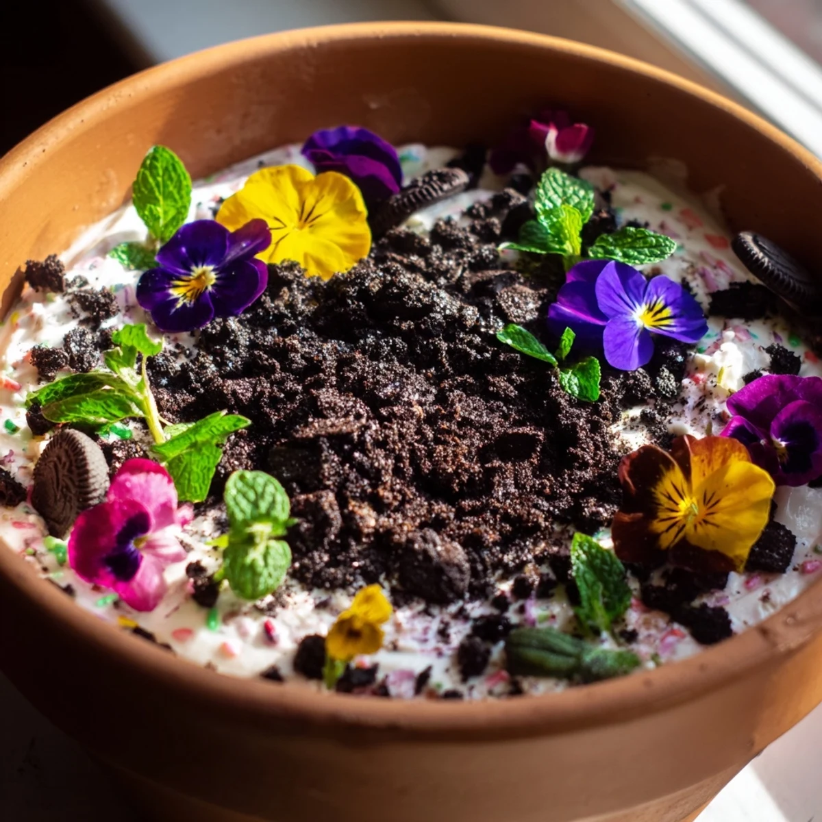Beautiful edible potted floral garden in flower pot with chocolate cake soil and blooming flowers