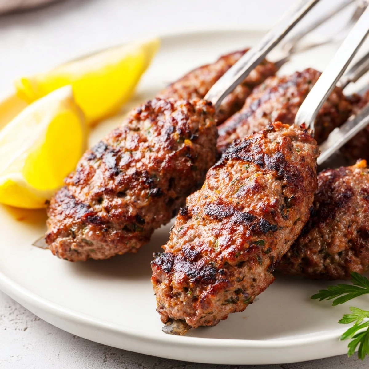 Juicy Middle Eastern beef kofta kebabs sizzling on the grill with char marks and aromatic herb garnish