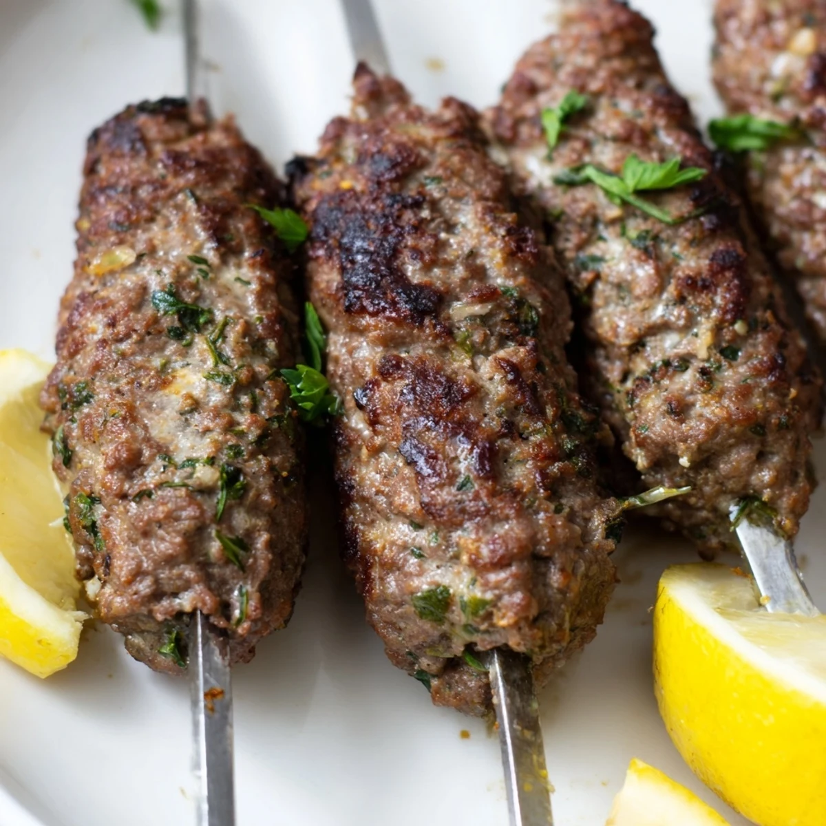 Golden grilled beef kofta kebabs served with fresh lemon wedges and warm flatbread on a wooden board