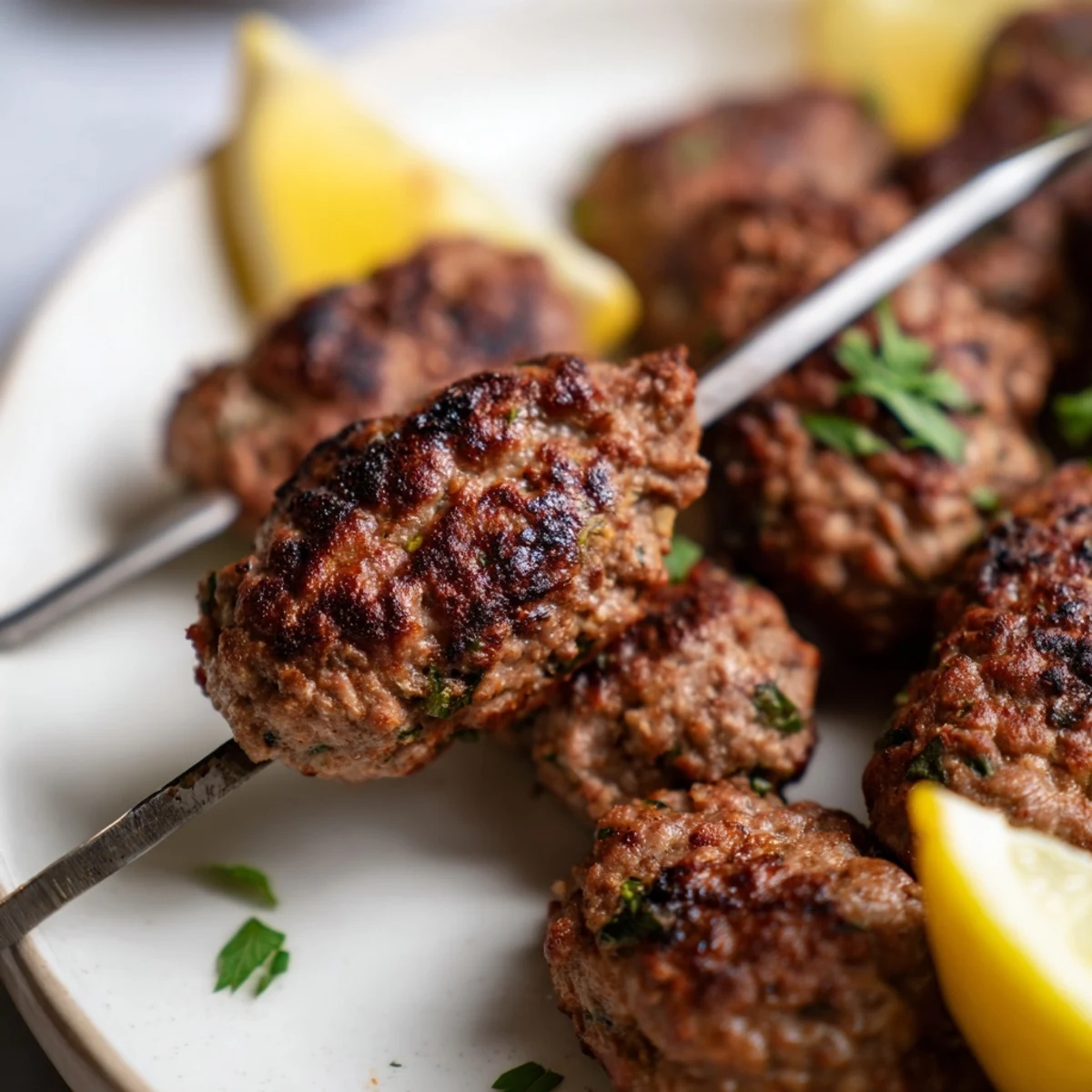 Homemade beef kofta kebabs arranged on a platter with sliced onions, tomatoes, and fresh herbs