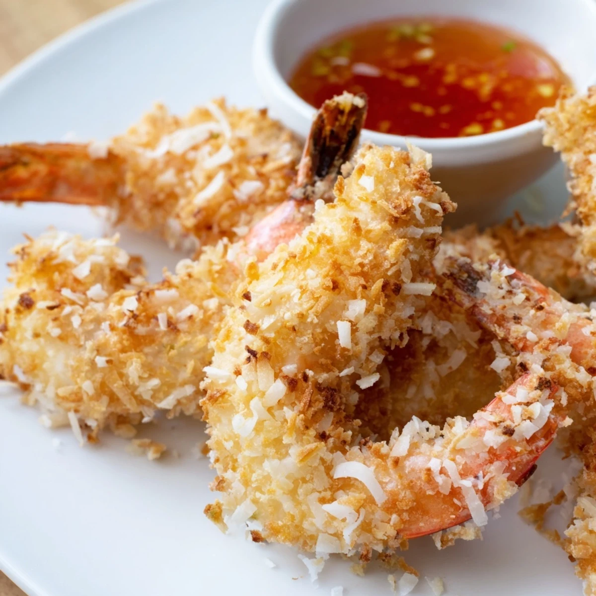 Golden fried coconut shrimp with crispy coconut breading served with sweet chili dipping sauce