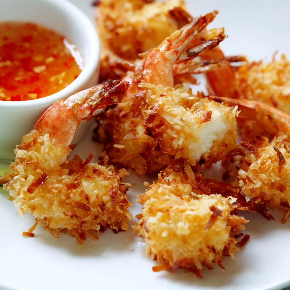 Tropical fried coconut shrimp featuring golden brown coating and shredded coconut texture
