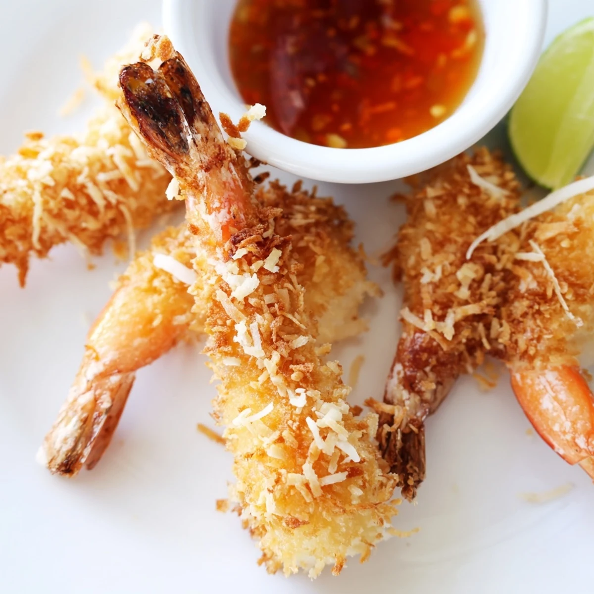 Crispy coconut shrimp arranged on white plate with lime wedges and tangy dipping sauce
