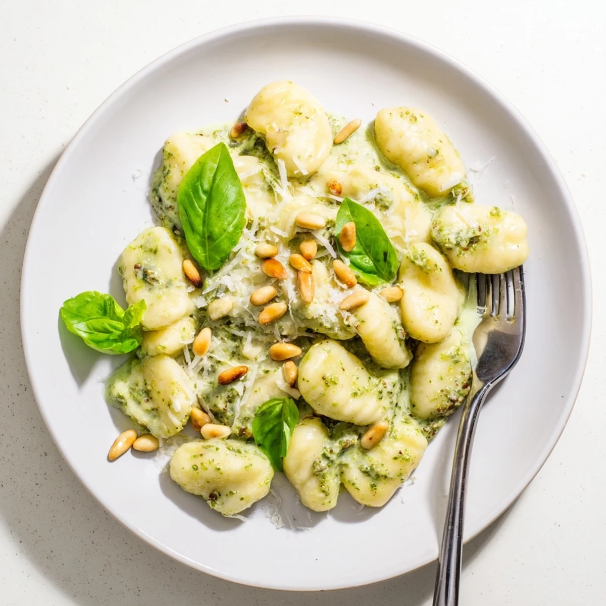 Golden pillowy potato gnocchi coated in vibrant green basil pesto cream sauce garnished with fresh basil leaves and parmesan cheese