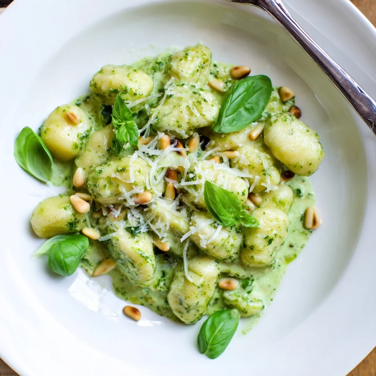 Close up of tender potato gnocchi tossed in rich herbaceous pesto cream sauce with fresh basil garnish on a rustic wooden table