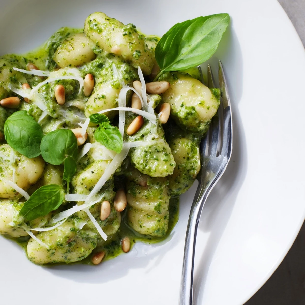 Creamy pesto gnocchi plated in a white bowl topped with toasted pine nuts fresh basil and shaved parmesan