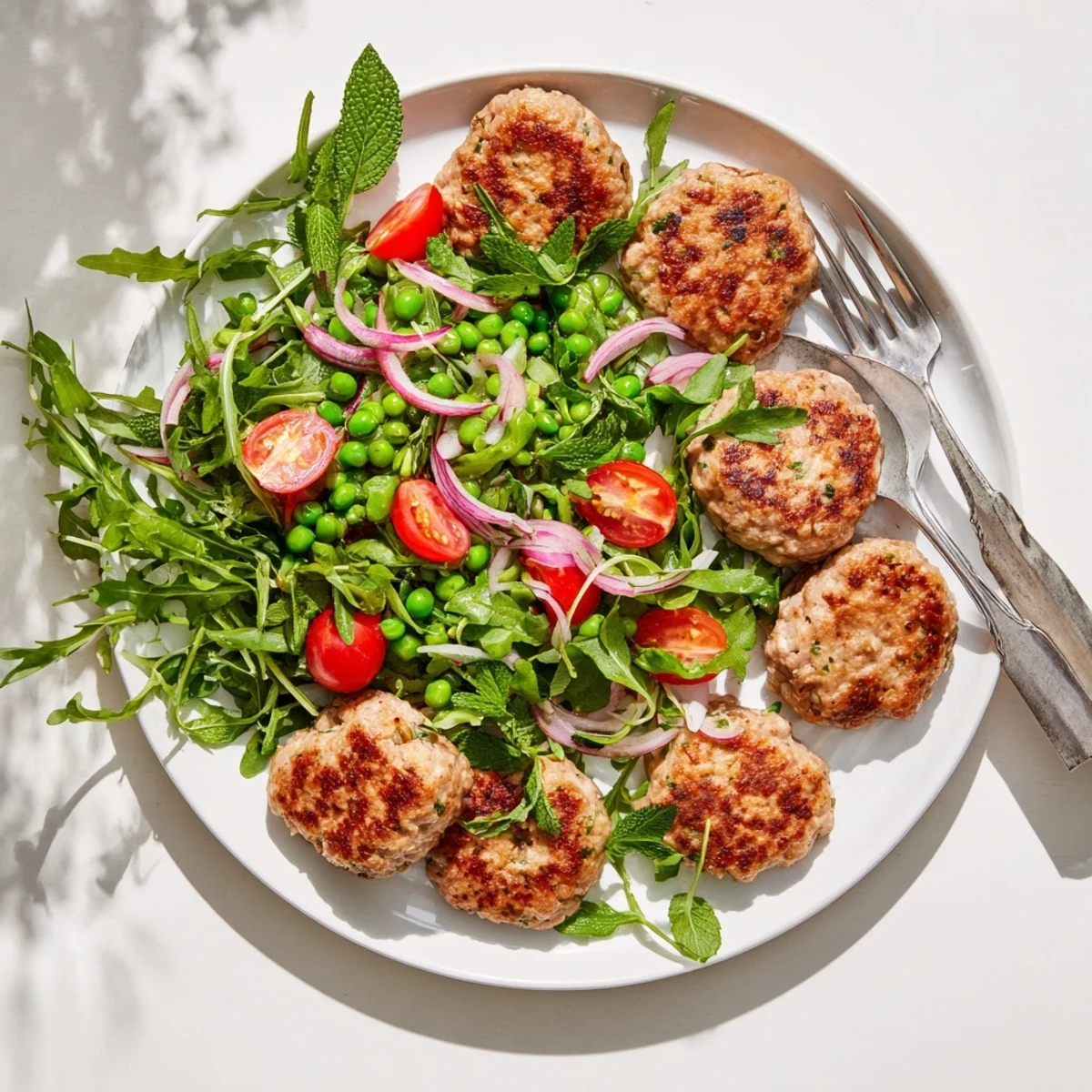 Juicy turkey patties served alongside fresh arugula pea salad with cherry tomatoes and red onion