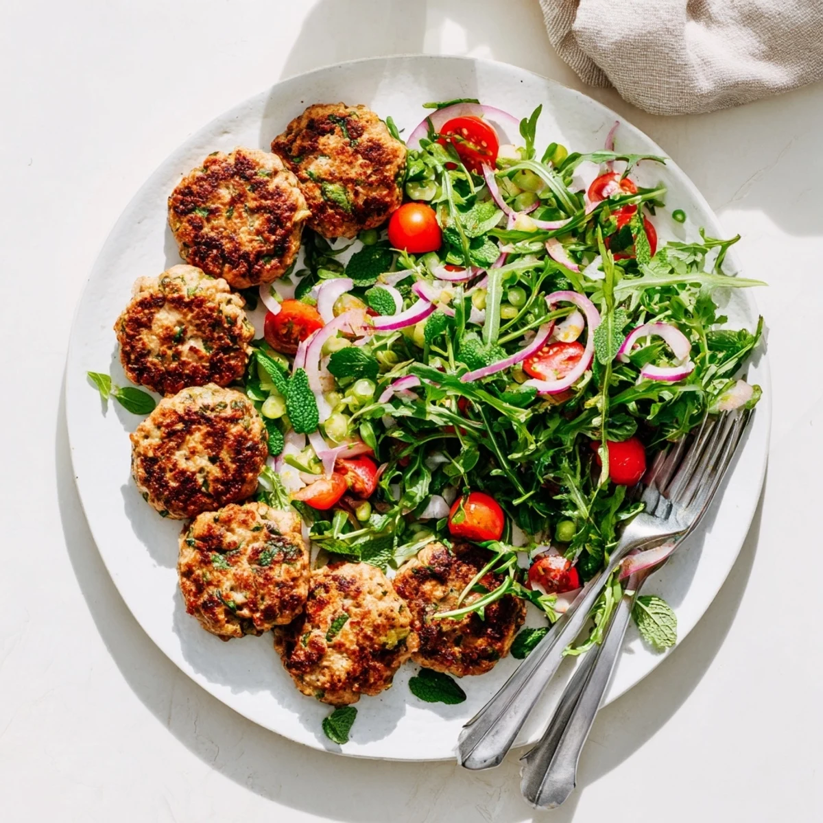 Golden brown turkey patties with peppery arugula and sweet pea salad on white plate