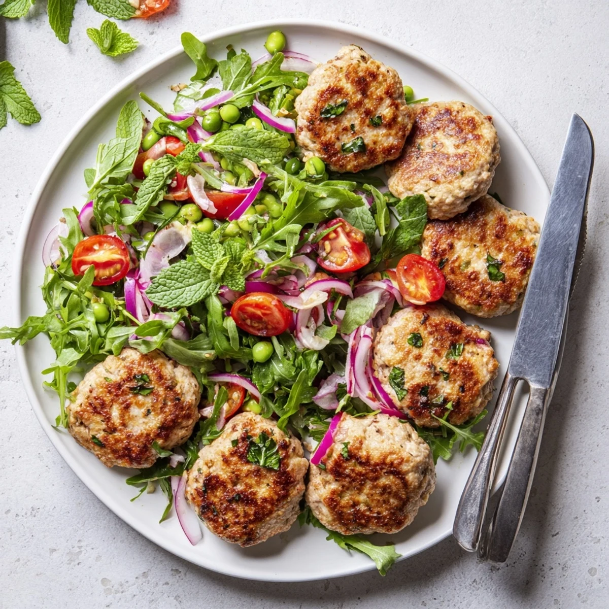 Pan-fried turkey patties plated with refreshing arugula and pea salad dressed with lemon olive oil