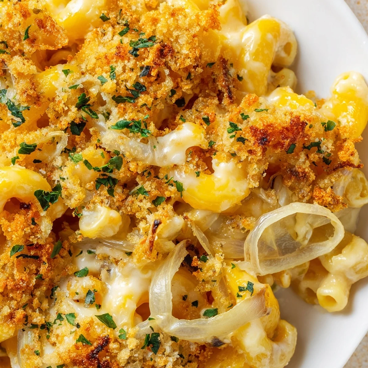 Creamy French onion mac and cheese bubbling with golden caramelized onions and melted Gruyère