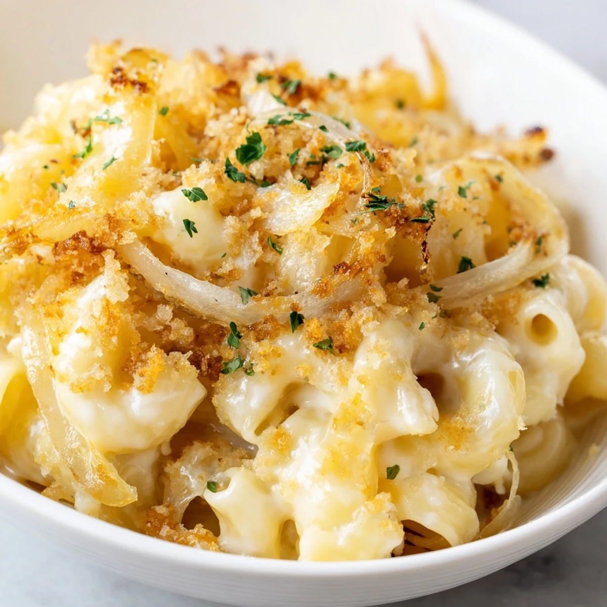 Baked French onion mac and cheese topped with crispy panko breadcrumbs and fresh parsley