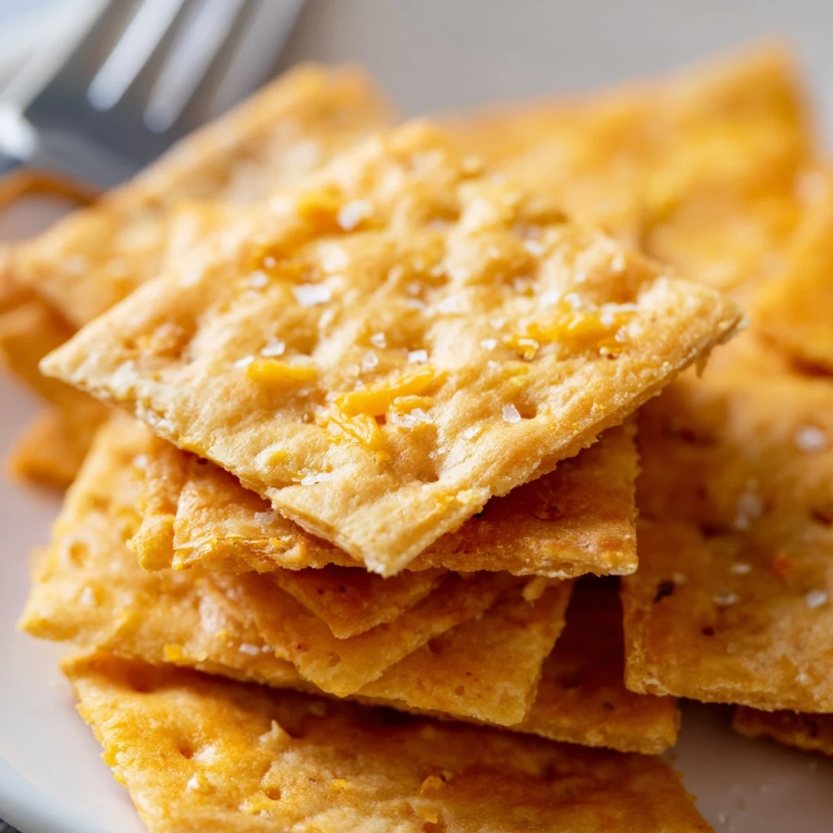 Sourdough Cheddar Snack Crackers arranged on parchment, golden, crisp, sprinkled sea salt