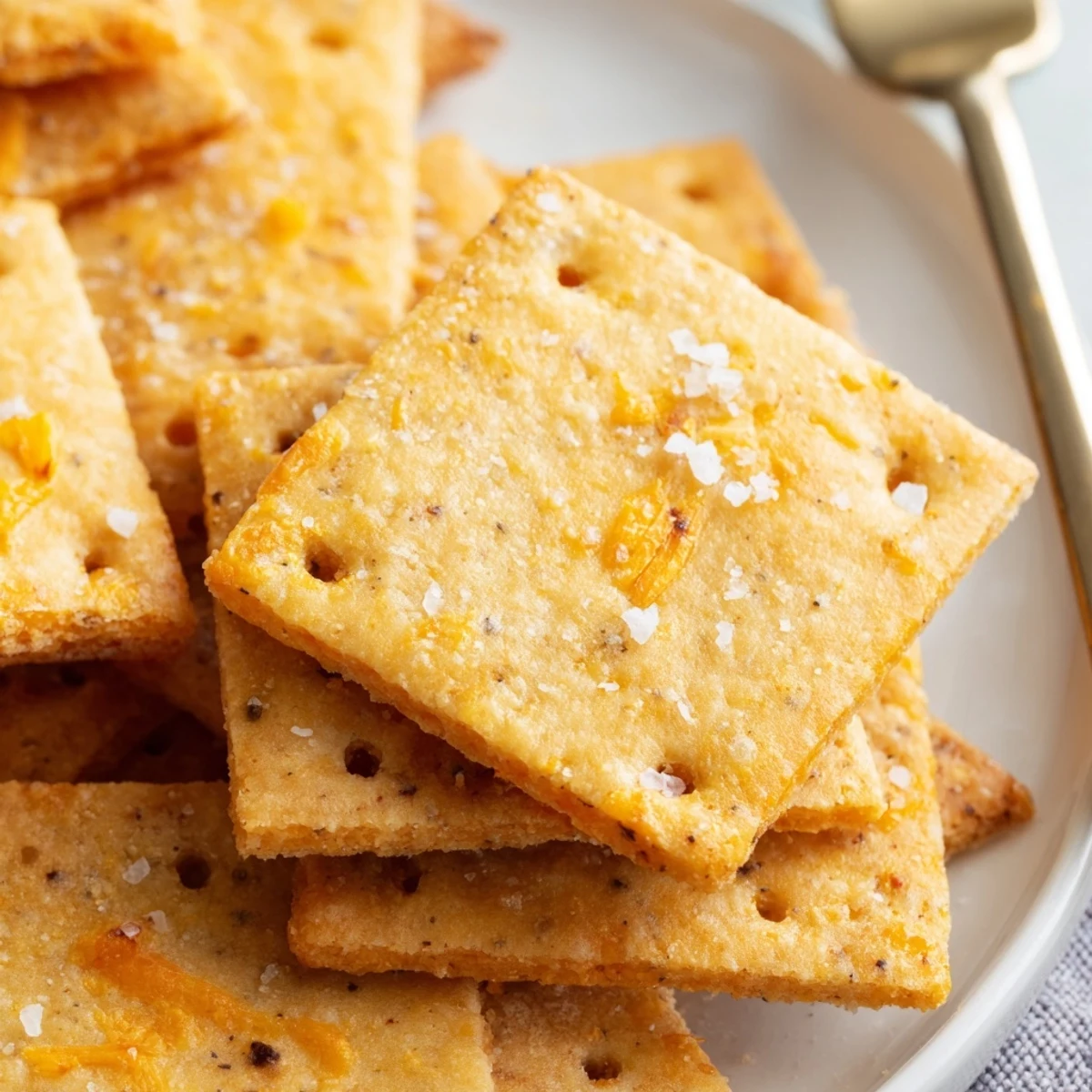 A stack of Sourdough Cheddar Snack Crackers beside hummus, sharp cheese aroma