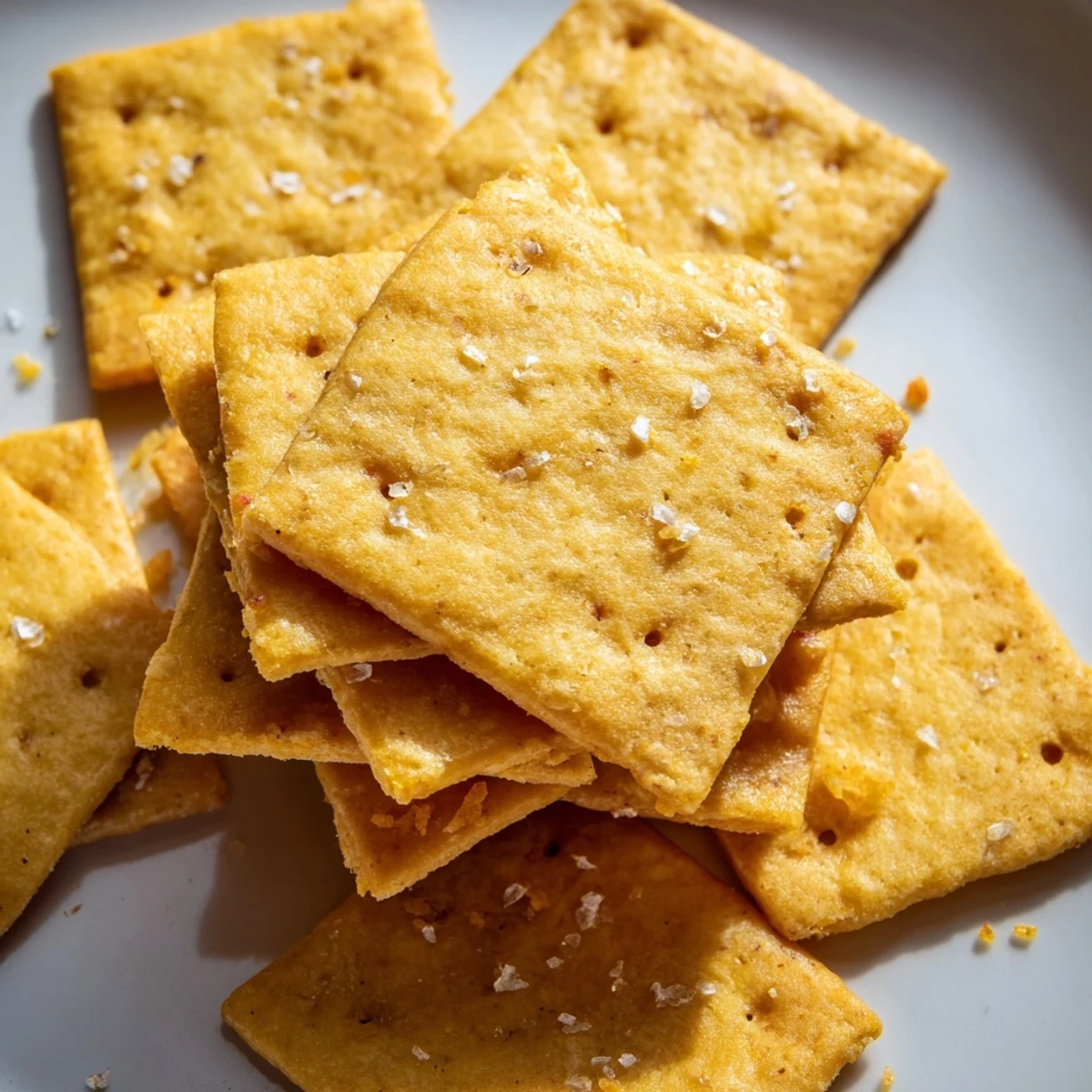 Fresh-baked Sourdough Cheddar Snack Crackers cooling on wire rack, flaky edges