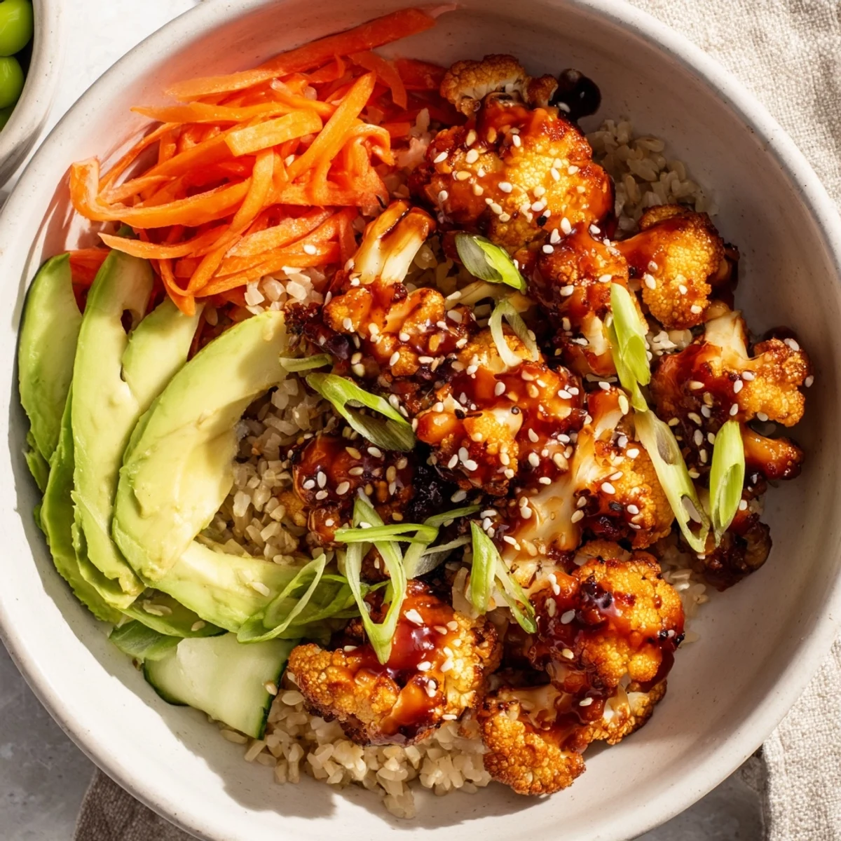Teriyaki Cauliflower Power Bowls: crispy roasted cauliflower glazed and steaming over rice