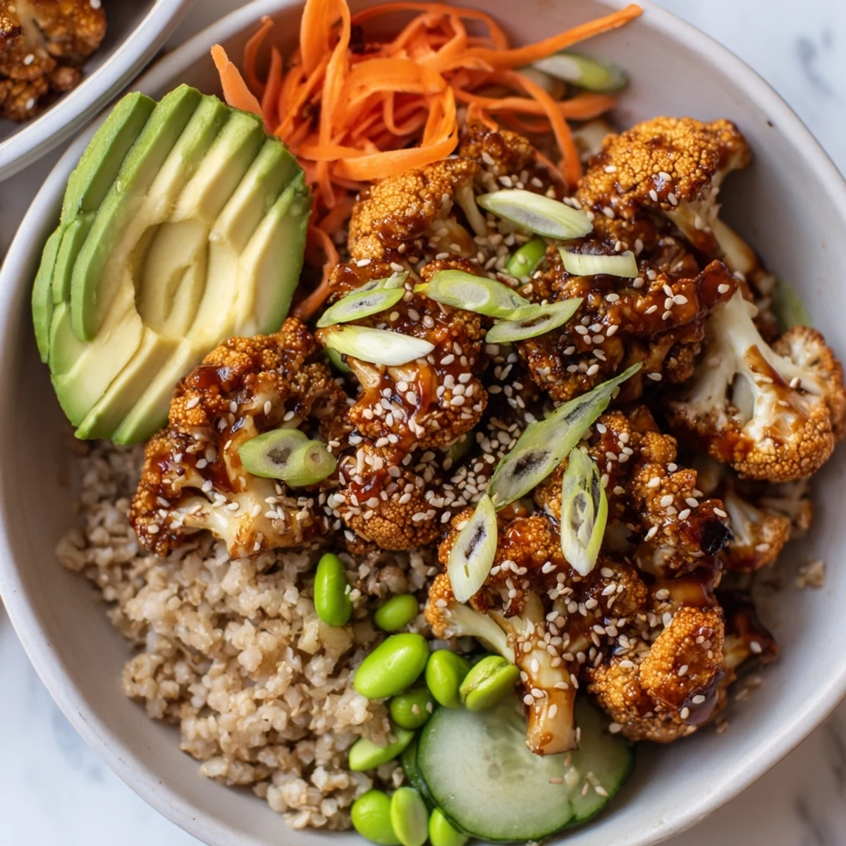 Bright Teriyaki Cauliflower Power Bowls topped with sliced avocado, sesame seeds and cucumber