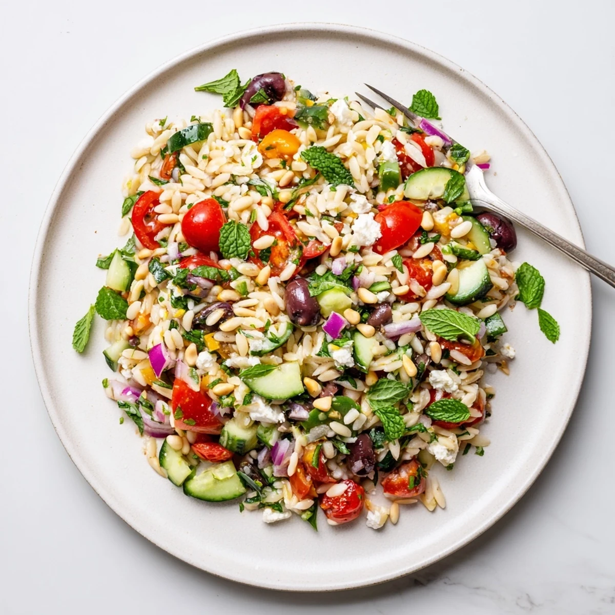 Fresh Mediterranean orzo power salad tossed with crisp cucumber, bell peppers, and tangy feta cheese