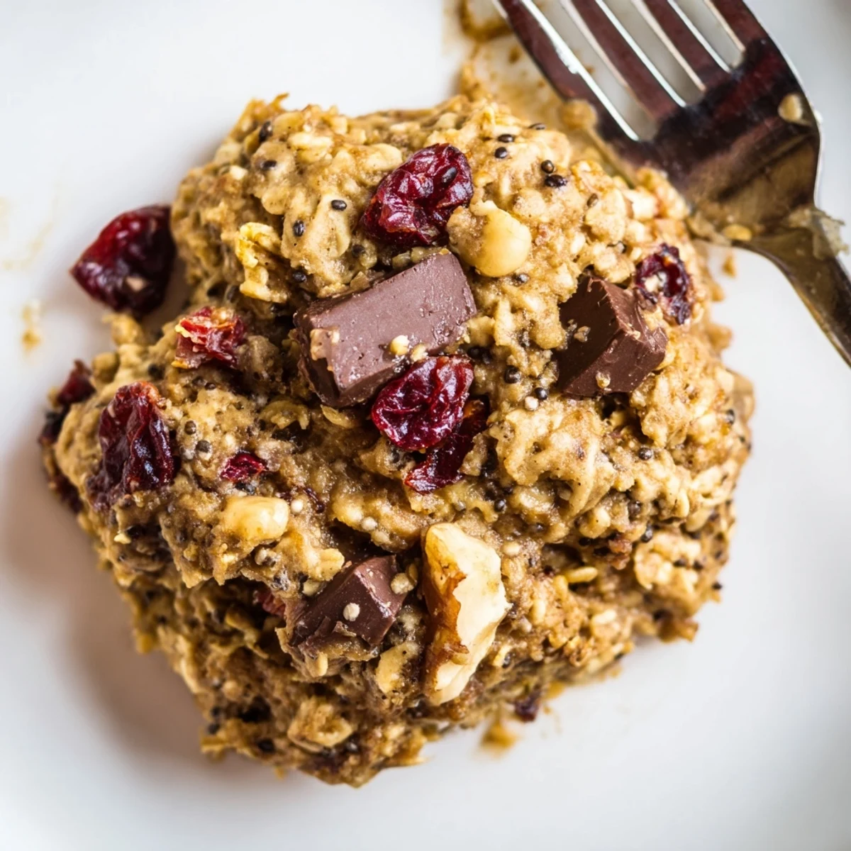 Golden healthy breakfast cookies with oats, nuts, and dried fruit on a white baking sheet