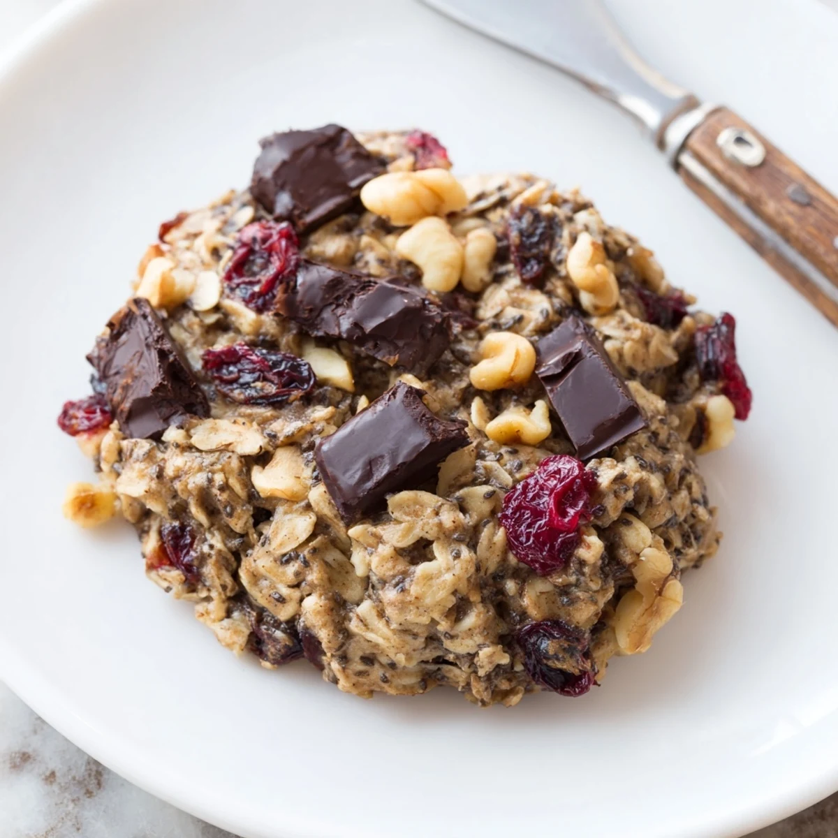 Hearty breakfast cookies studded with walnuts and cranberries cooling on a wire rack