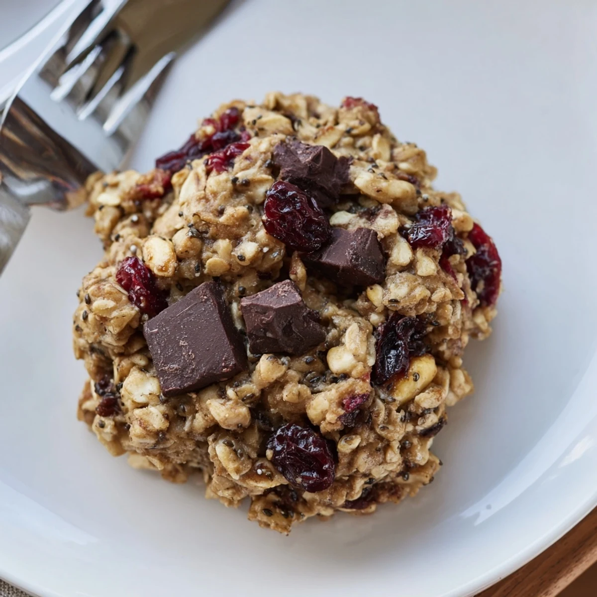 Chewy wholesome breakfast cookies stacked on a rustic wooden board with visible oats and chocolate chips