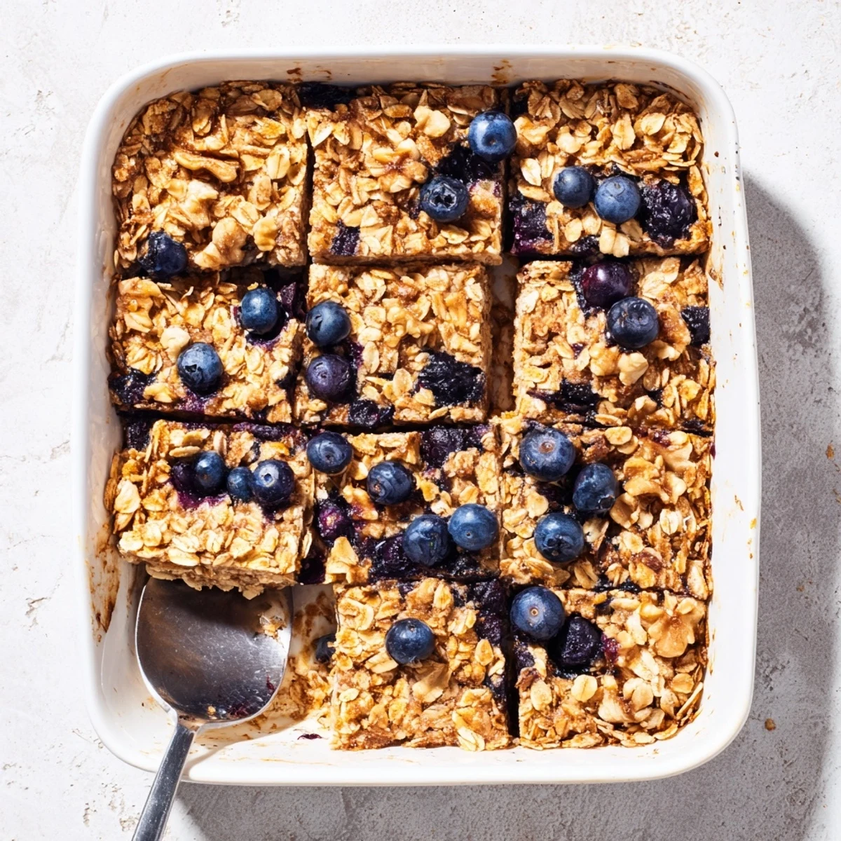 Golden brown baked oatmeal with fresh blueberries and cinnamon in a square baking dish