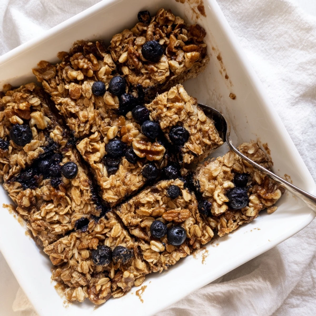 Comforting baked oatmeal casserole with diced apples and brown sugar crumble topping ready to serve