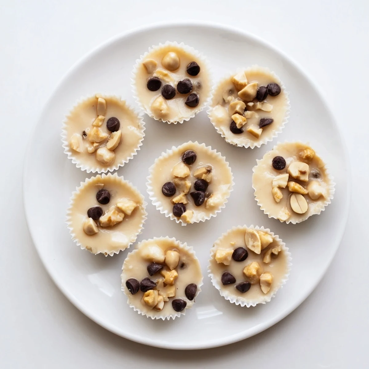 Creamy frozen peanut butter Greek yogurt bites arranged in a muffin tin with dark chocolate chip toppings