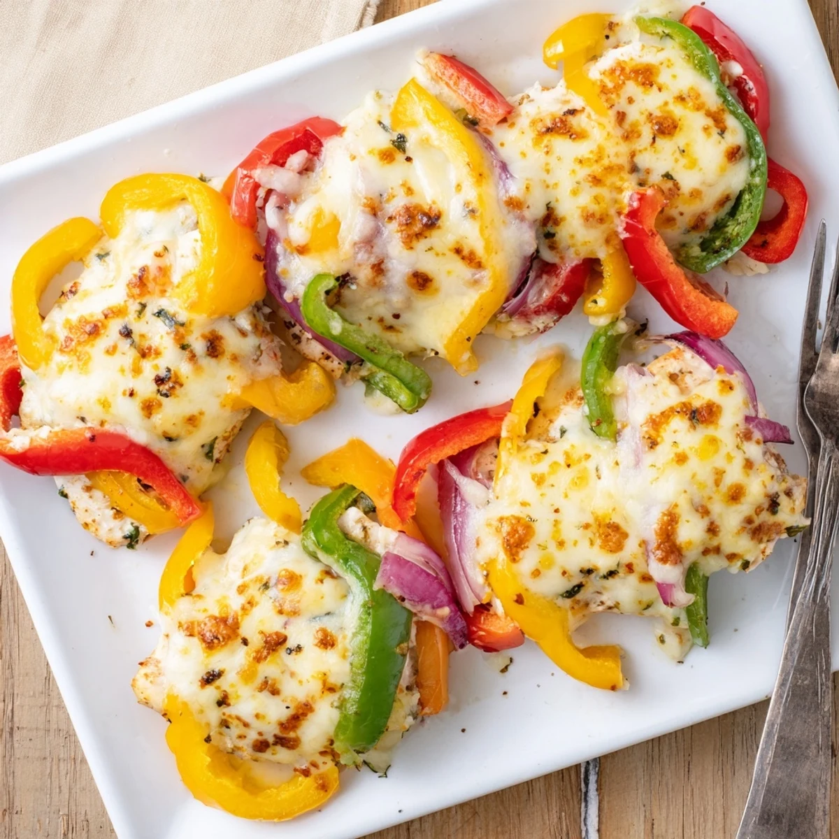 Golden melted mozzarella and cheddar topping juicy seasoned chicken breast with colorful roasted bell peppers