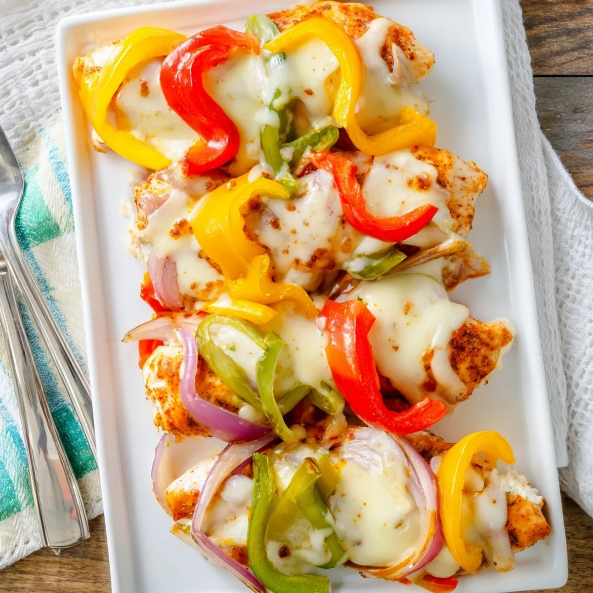 Baked cheesy chicken breast nestled beside vibrant red yellow and green pepper slices in a baking dish