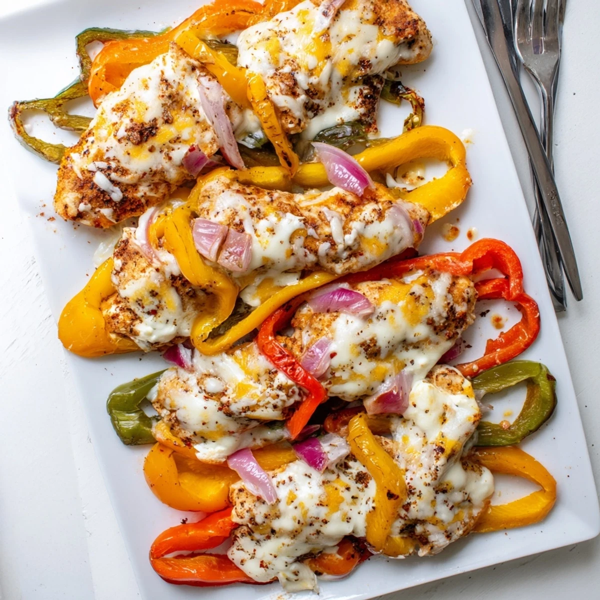 Comforting cheesy baked chicken breast and peppers with bubbly golden brown cheese coating tender spiced meat