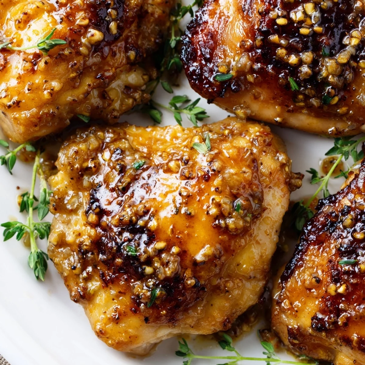 Golden brown oven baked honey mustard chicken glazed with sticky sweet tangy sauce and fresh parsley garnish