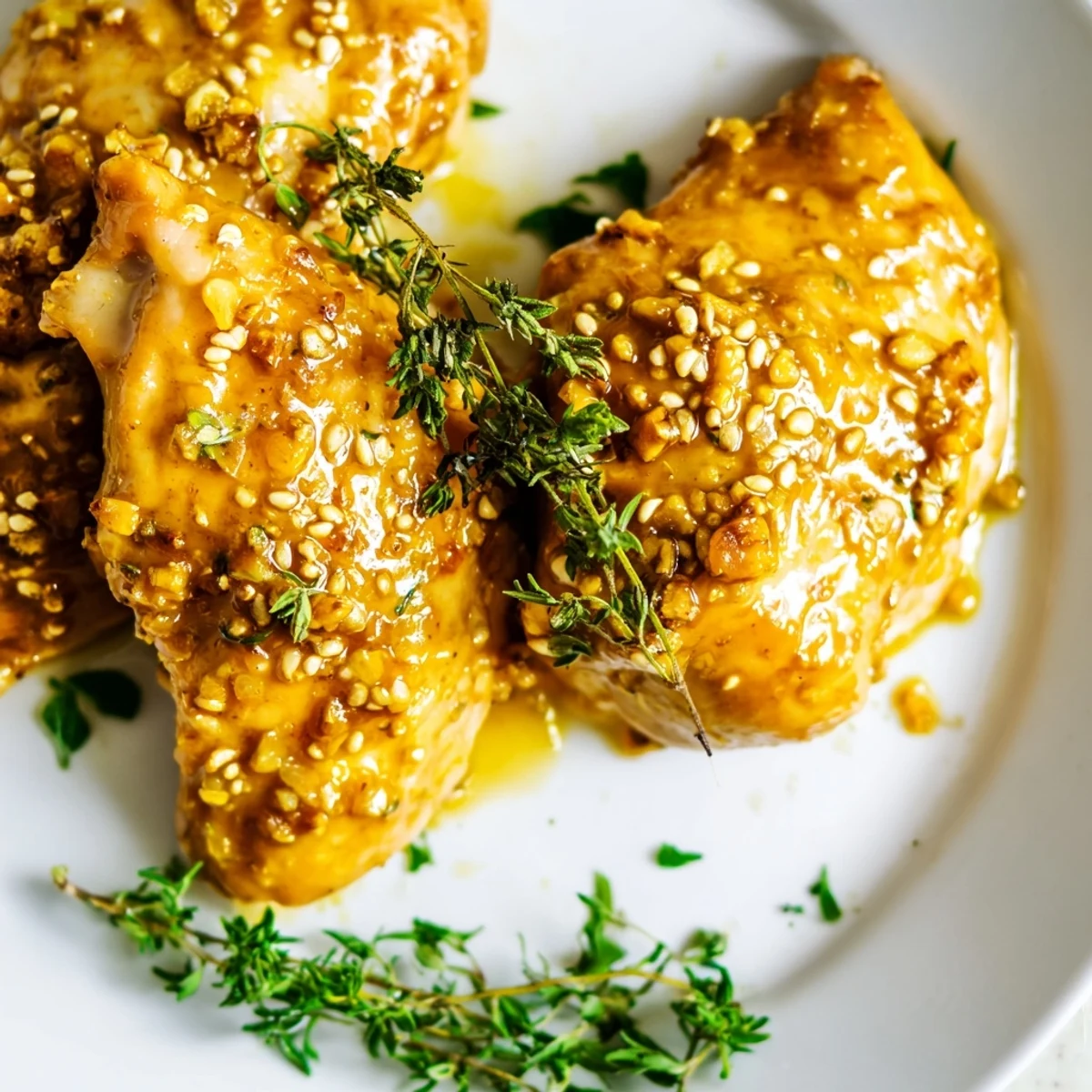 Succulent oven baked honey mustard chicken resting on serving platter with lemon wedges and herb garnish