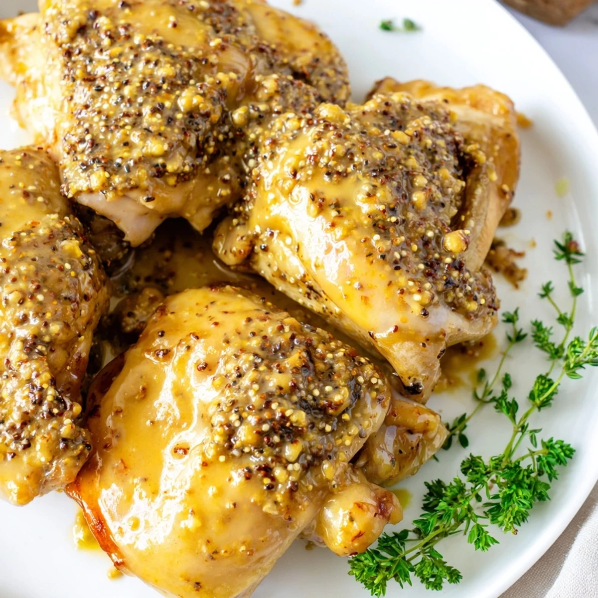 Juicy chicken breasts coated in caramelized honey mustard sauce baked to perfection in a white ceramic dish