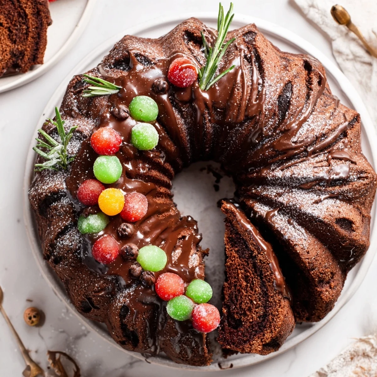 Chocolate Bundt Cake Christmas Wreath drizzled in ganache, dusted like snowy holidays.
