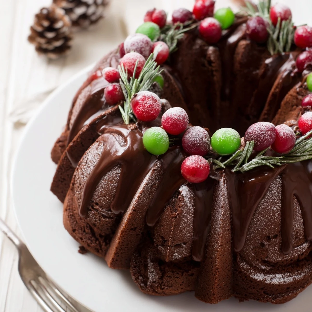 Chocolate Bundt Cake Christmas Wreath with candied berries and rosemary sprigs for serving.