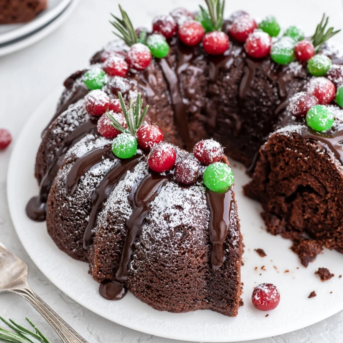 Warm Chocolate Bundt Cake Christmas Wreath cooling on wire rack, ready for guests.