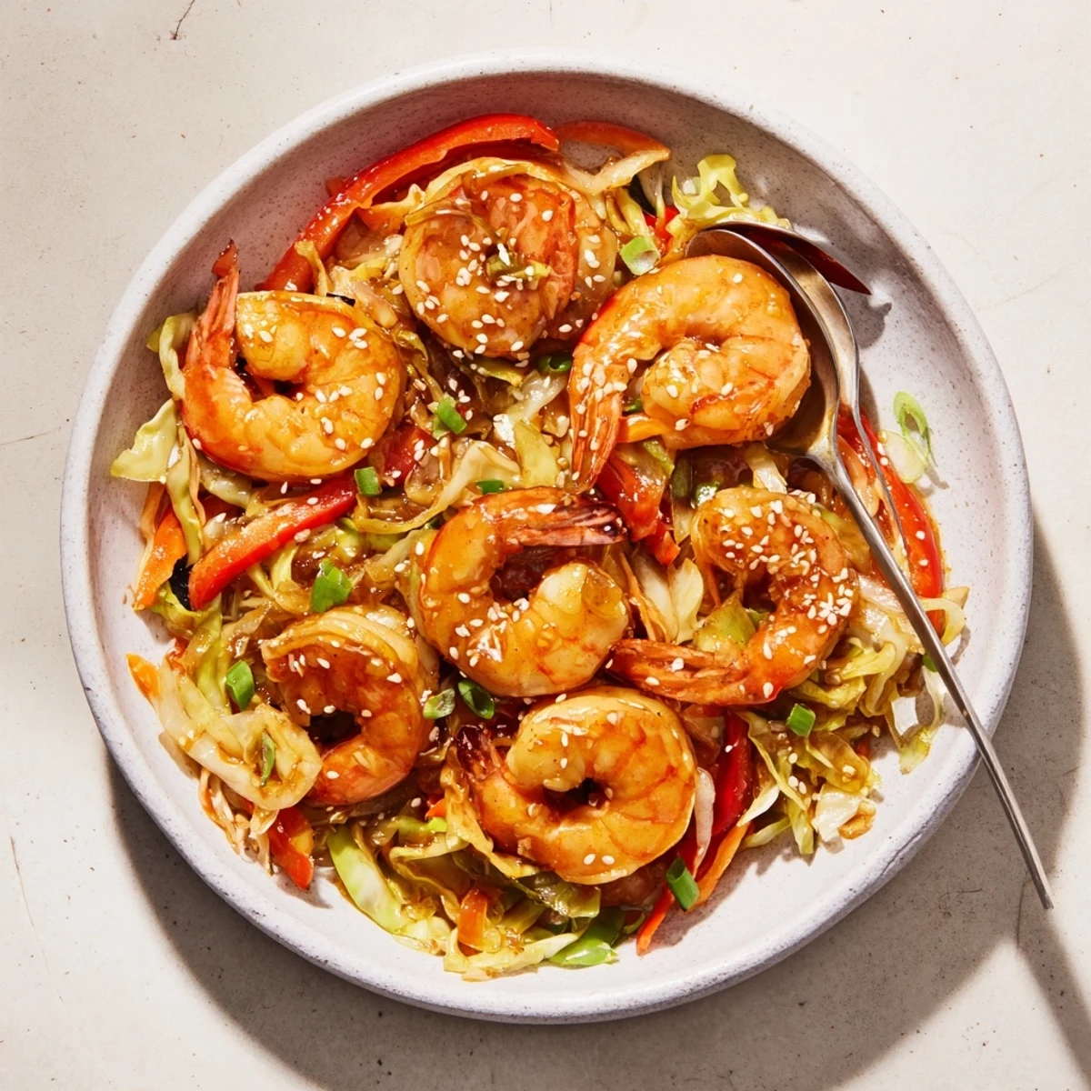 Delicious Asian Shrimp And Cabbage Stir Fry steaming, glossy sauce over rice