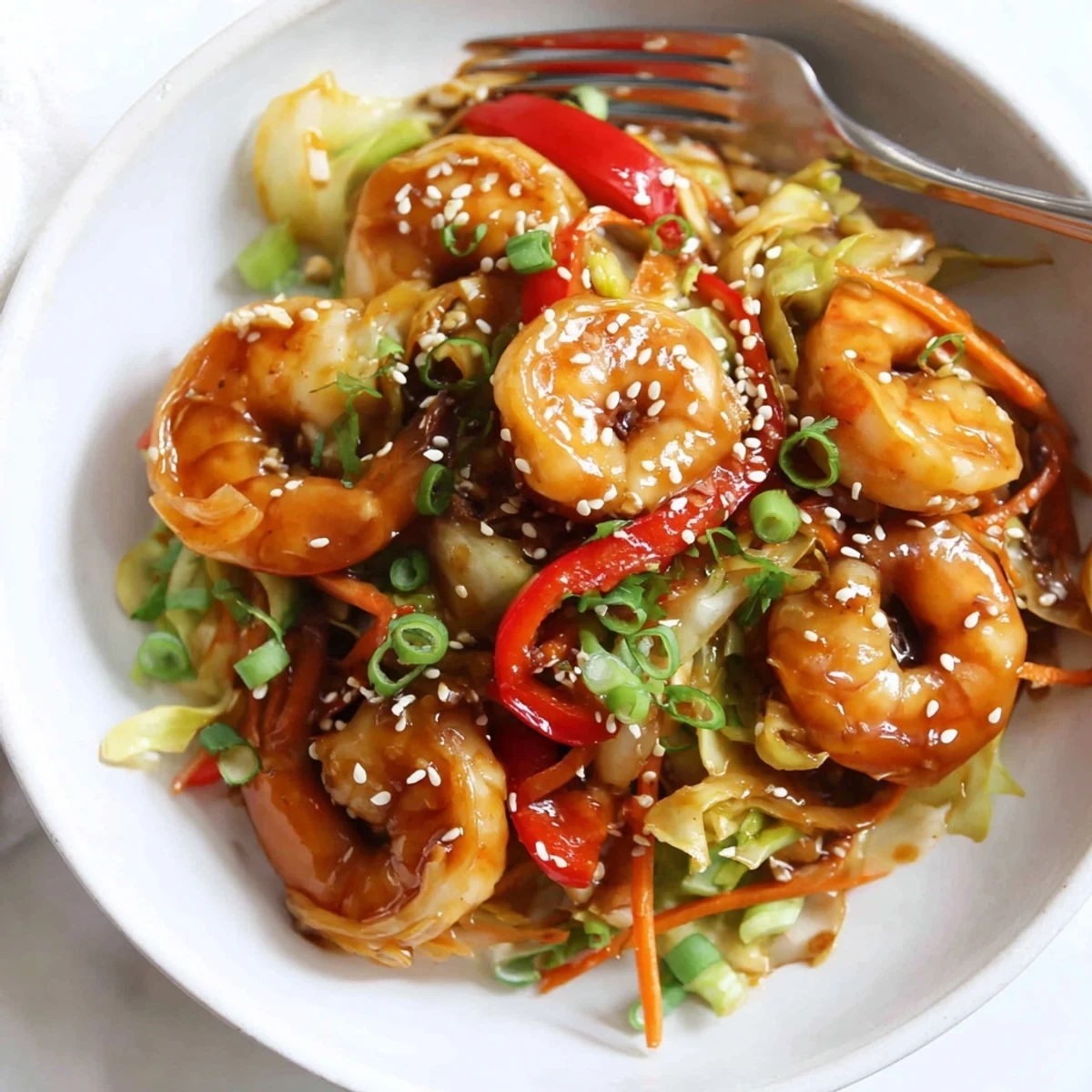 Bright, zesty Delicious Asian Shrimp And Cabbage Stir Fry served hot on noodles