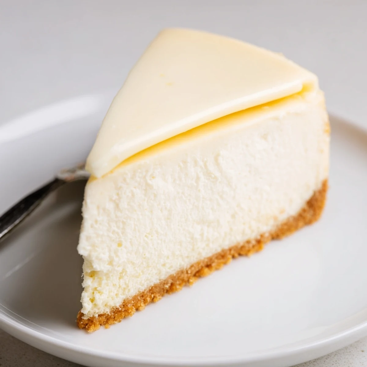 Sliced on plate, a Classic Cheesecake showing creamy texture and browned edges
