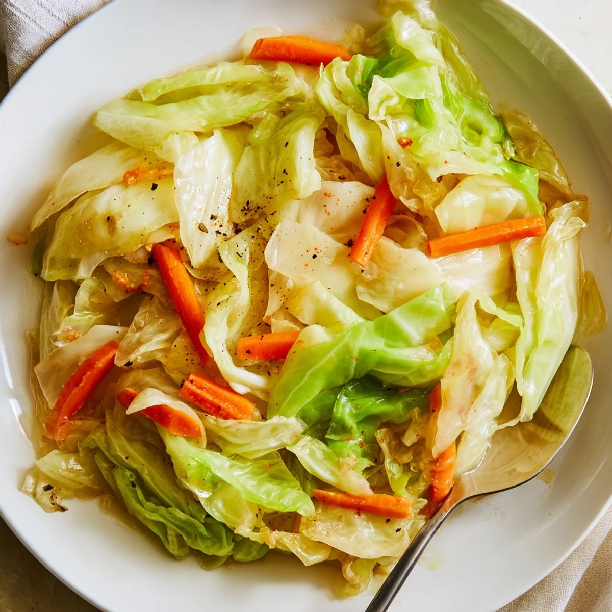 A heaping bowl of Savory Braised Cabbage Recipe with caramelized onions.