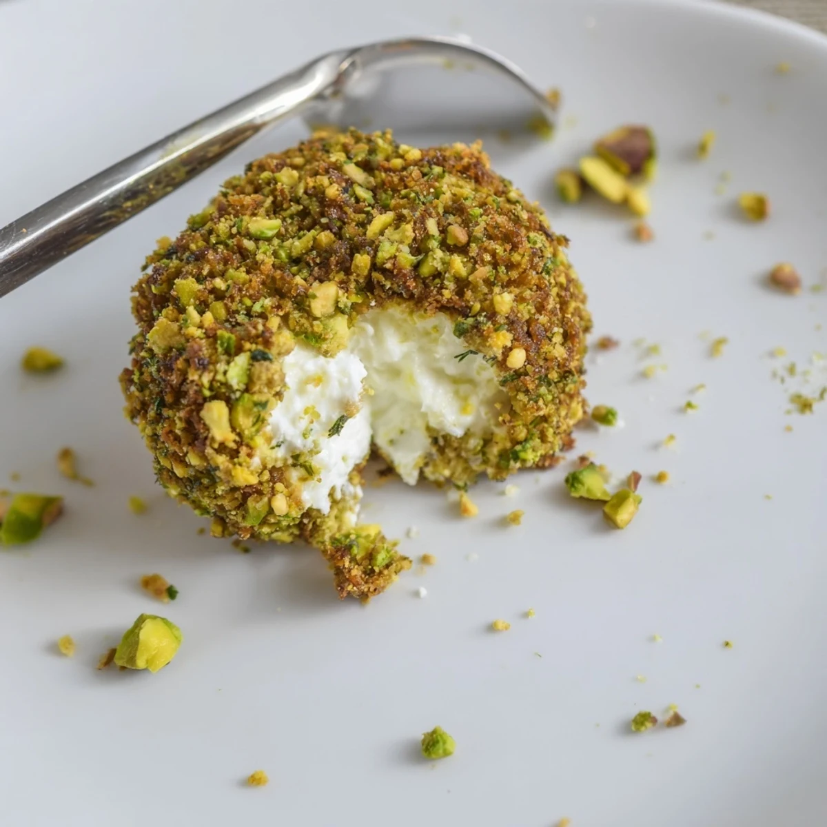 Savory Pistachio Crusted Cheese Bites on a platter, creamy centers and crunchy coating
