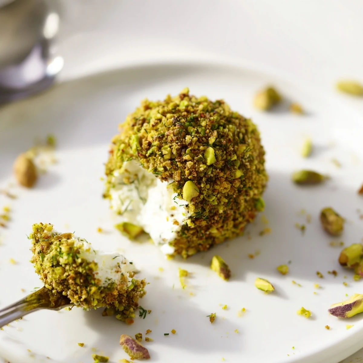 Hand rolled Savory Pistachio Crusted Cheese Bites, herb speckled, zesty, perfect with sparkling wine
