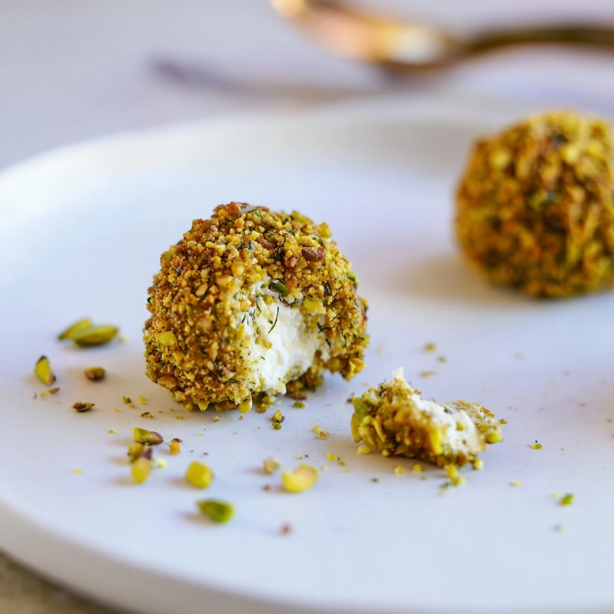 Chilled Savory Pistachio Crusted Cheese Bites served with crackers and dill