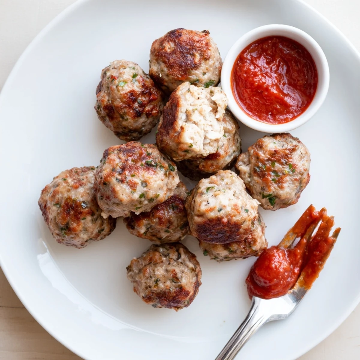 Oven-roasted Juicy Chicken Meatballs revealing moist centers, smoky paprika aroma.