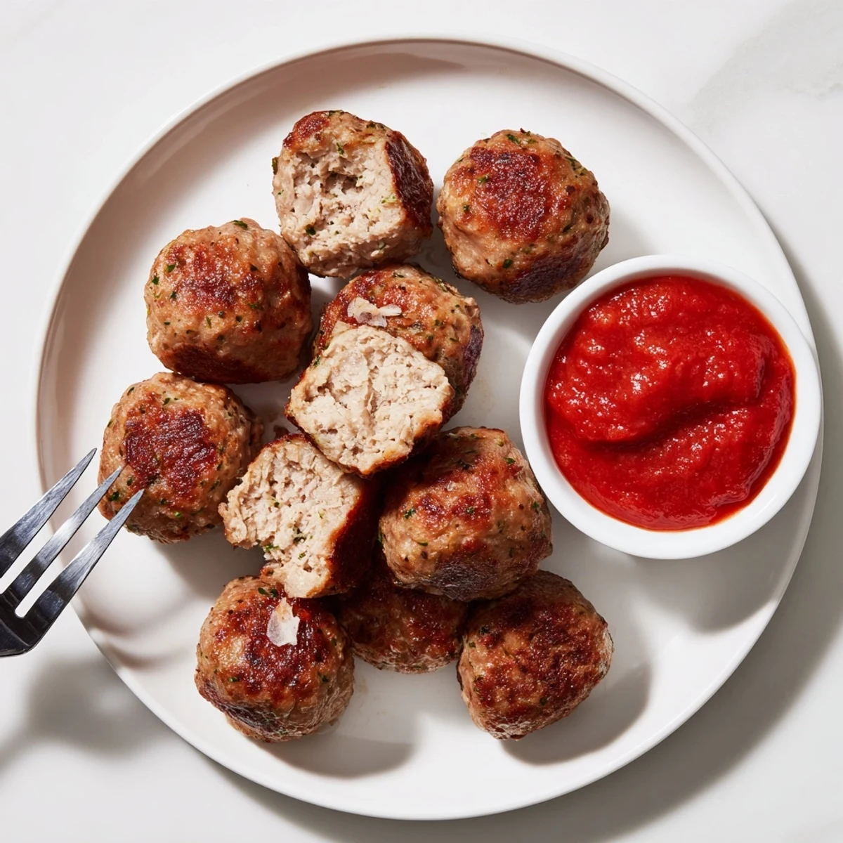 Warm Juicy Chicken Meatballs served with marinara and fresh parsley garnish.